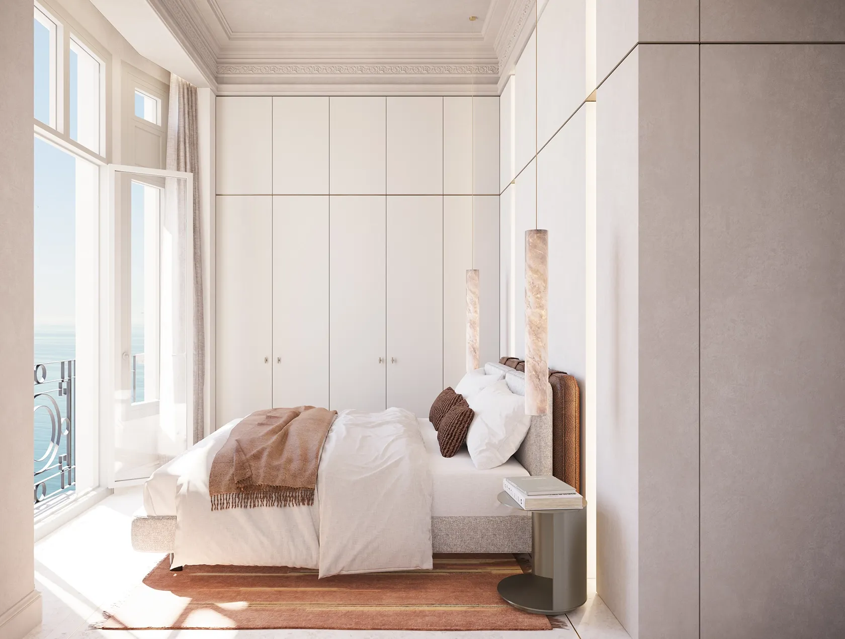 Spacious and serene bedroom defined by light and proportion.